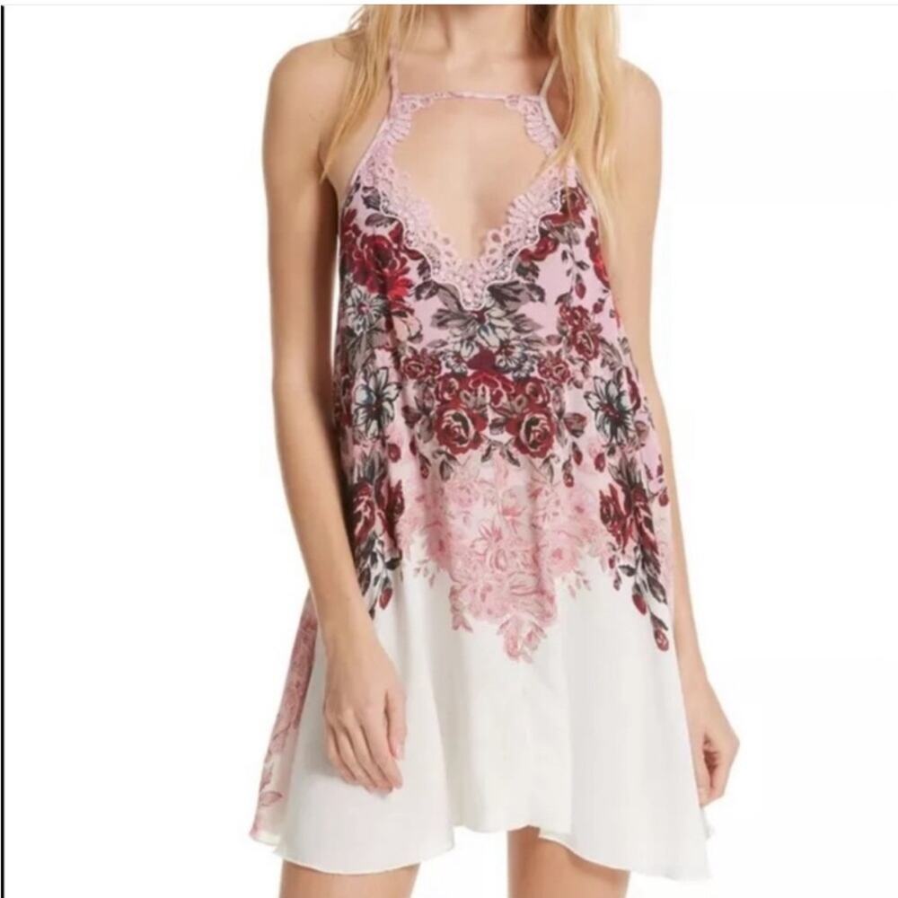Intimately By Free People White Pink Floral Haze Trapeze Dress Black Combo XS